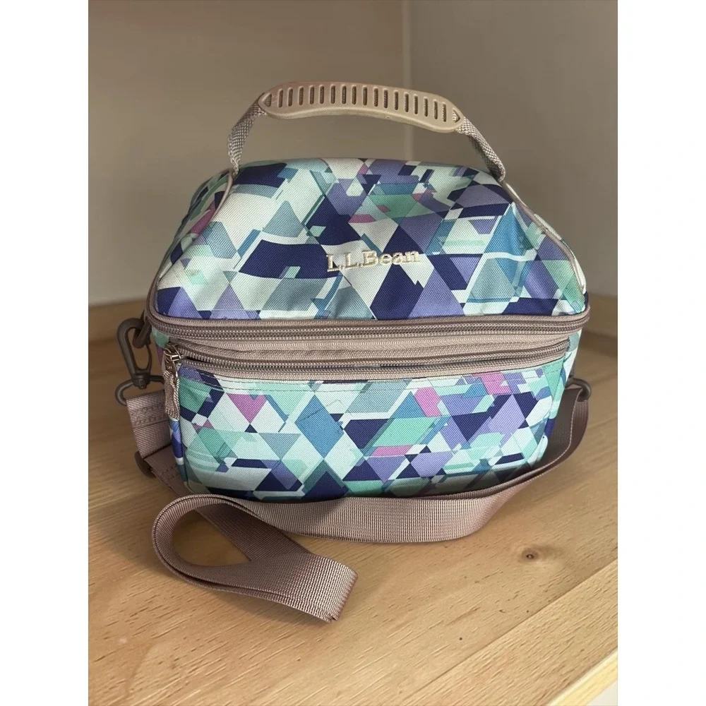 L.L.Bean Insulated Lunch Bag Cooler Geometric Print Adjustable Strap Blue